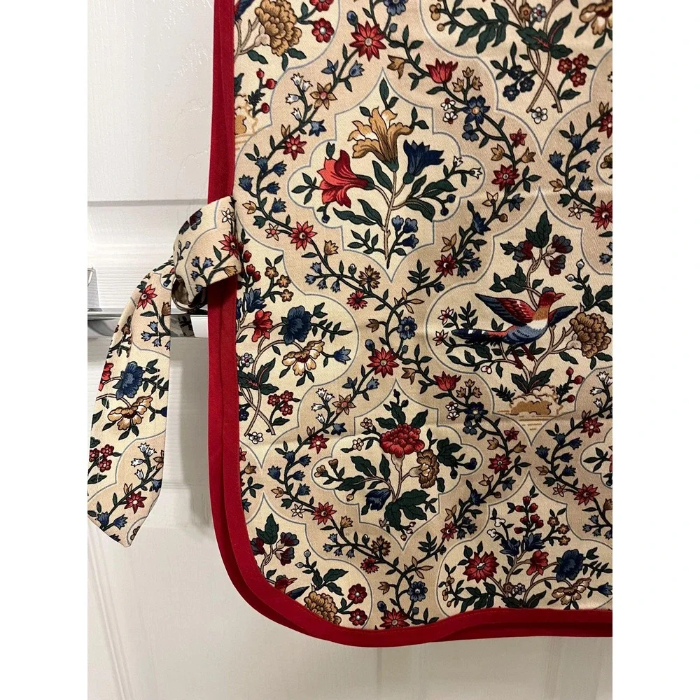 Red Blue Floral Bird Side Tie Apron, Handcrafted Kitchen Linen